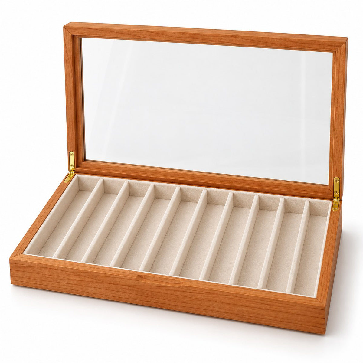 Clarea Glass Jewellery Box in Cherry / White, open with empty compartments, studio view on white #Wood_Cherry|Lining Colour_White