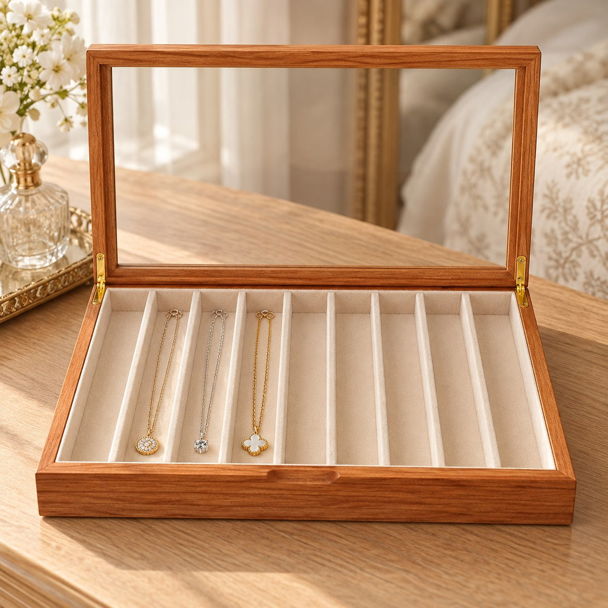 Clarea Glass Jewellery Box in Cherry / White, on a dressing table #Wood_Cherry|Lining Colour_White