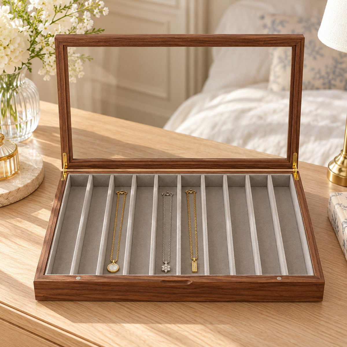 Clarea Glass Jewellery Box in Walnut / Grey, on a dressing table #Wood_Walnut|Lining Colour_Grey