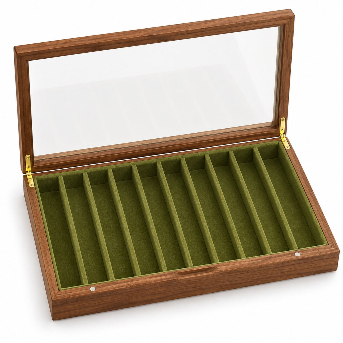 Clarea Glass Jewellery Box in Walnut / Green, open with empty compartments, studio view on white #Wood_Walnut|Lining Colour_Green