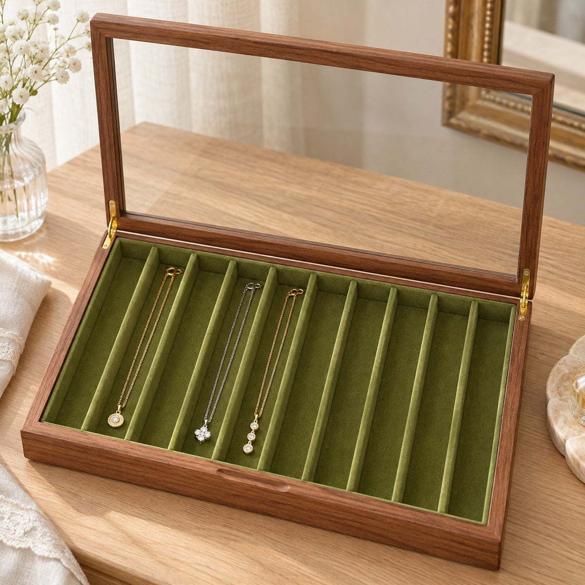 Clarea Glass Jewellery Box in Walnut / Green, on a dressing table #Wood_Walnut|Lining Colour_Green
