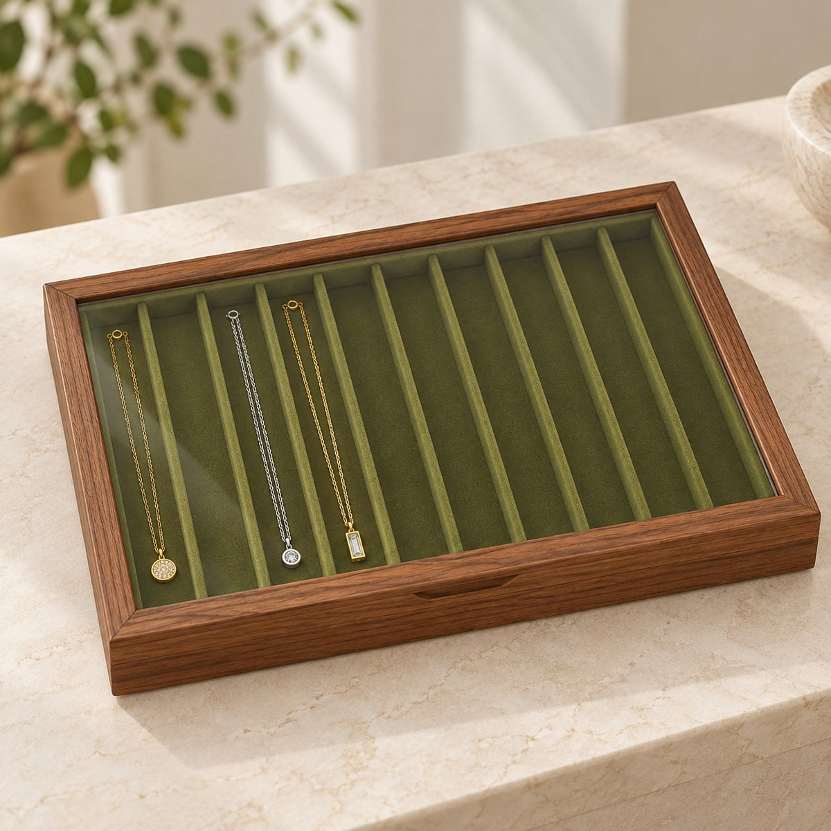Clarea Glass Jewellery Box in Walnut / Green, on a sideboard in natural light #Wood_Walnut|Lining Colour_Green