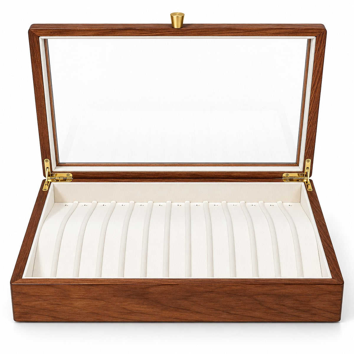 Clarea Glass Jewellery Box in Walnut / White, open with empty compartments, studio view on white #Wood_Walnut|Lining Colour_White