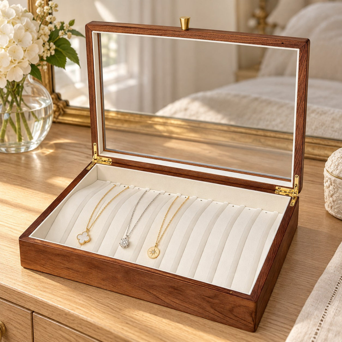 Clarea Glass Jewellery Box in Walnut / White, on a dressing table #Wood_Walnut|Lining Colour_White