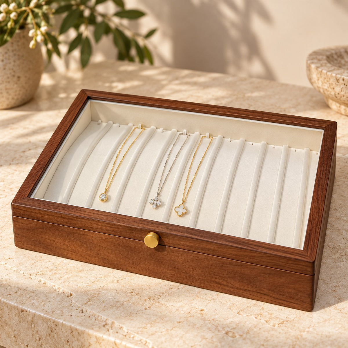 Clarea Glass Jewellery Box in Walnut / White, on a sideboard in natural light #Wood_Walnut|Lining Colour_White