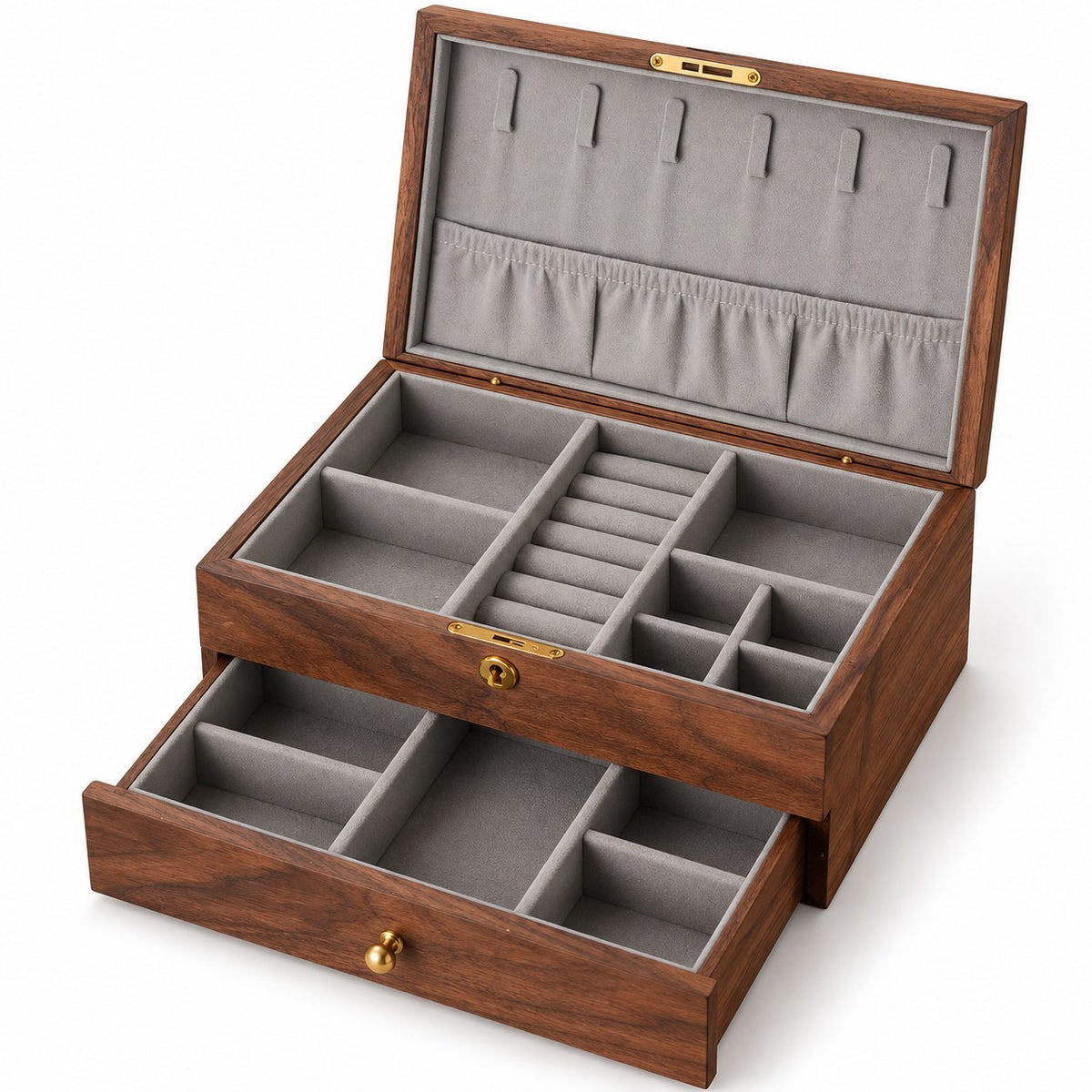 Clavis Lockable Jewellery Box in Black Walnut, open with empty compartments, studio view on white #Wood_Black Walnut