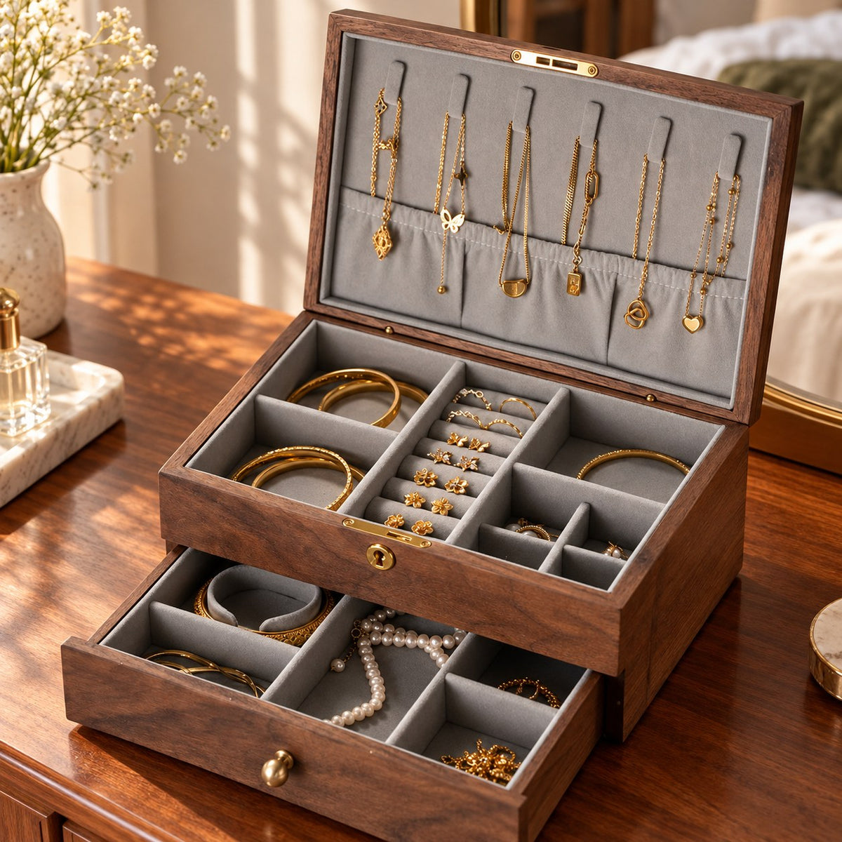 Clavis Lockable Jewellery Box in Black Walnut, on a dressing table #Wood_Black Walnut
