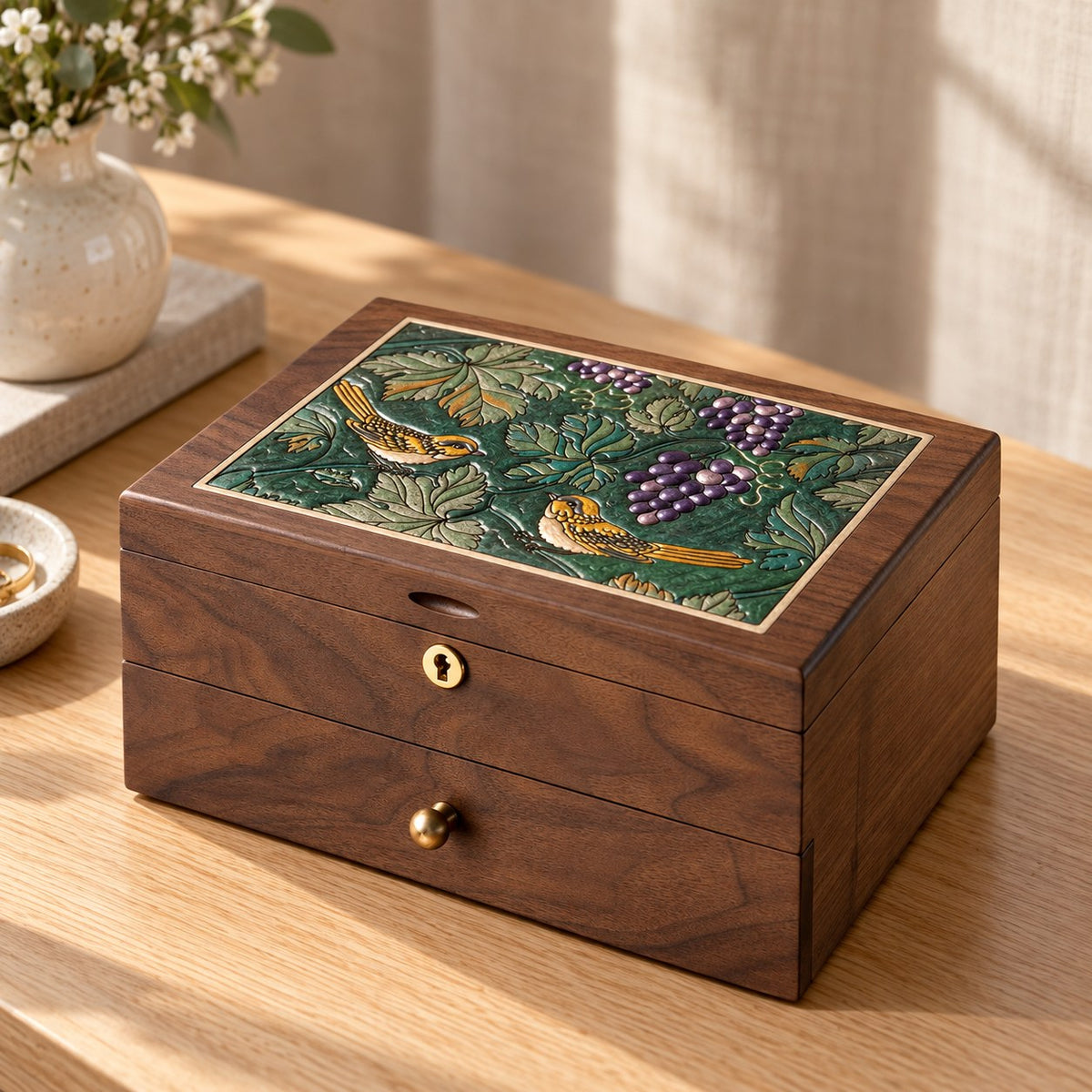 Clavis Lockable Jewellery Box in Black Walnut, on a sideboard in natural light #Wood_Black Walnut
