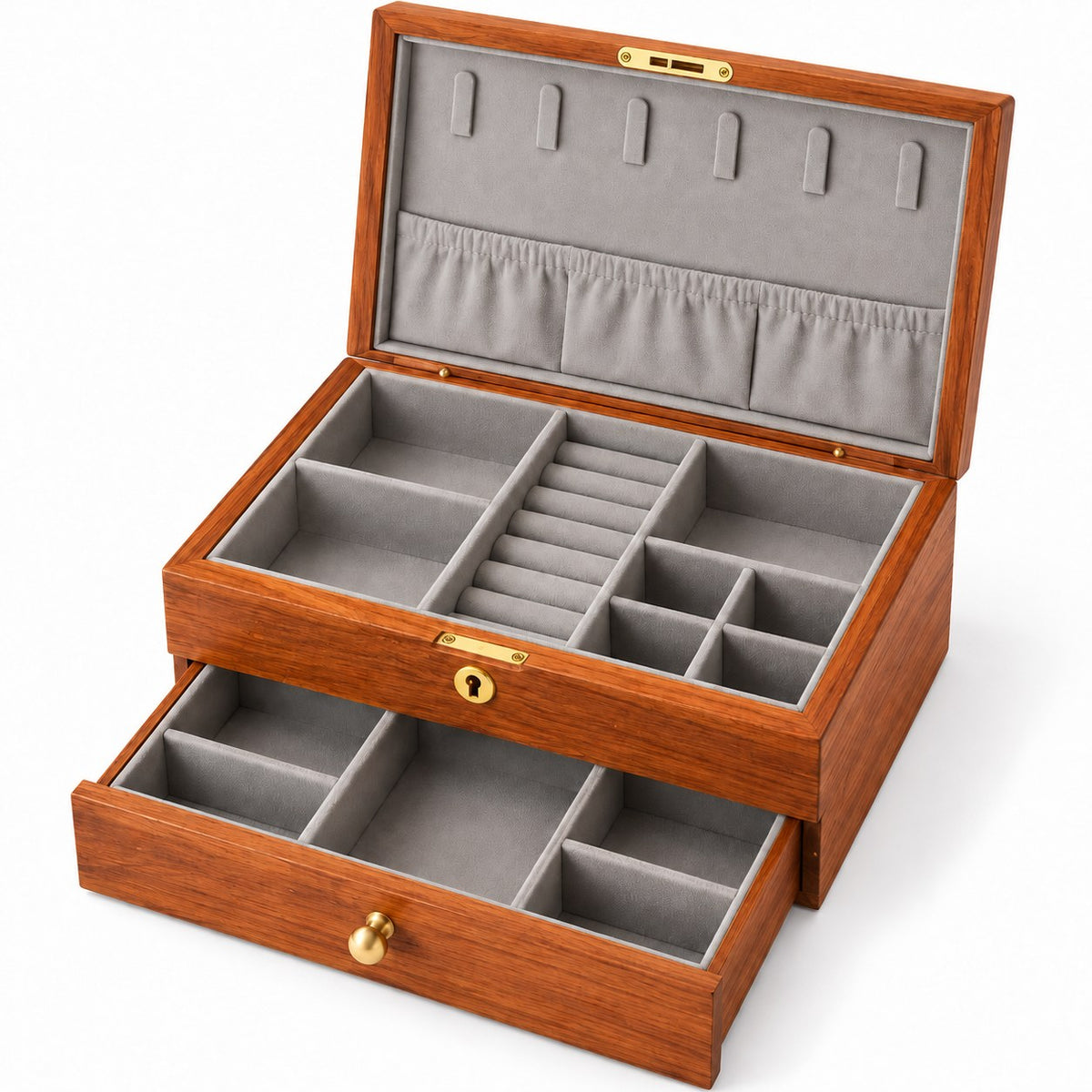 Clavis Lockable Jewellery Box in Burma Rosewood, open with empty compartments, studio view on white #Wood_Burma Rosewood