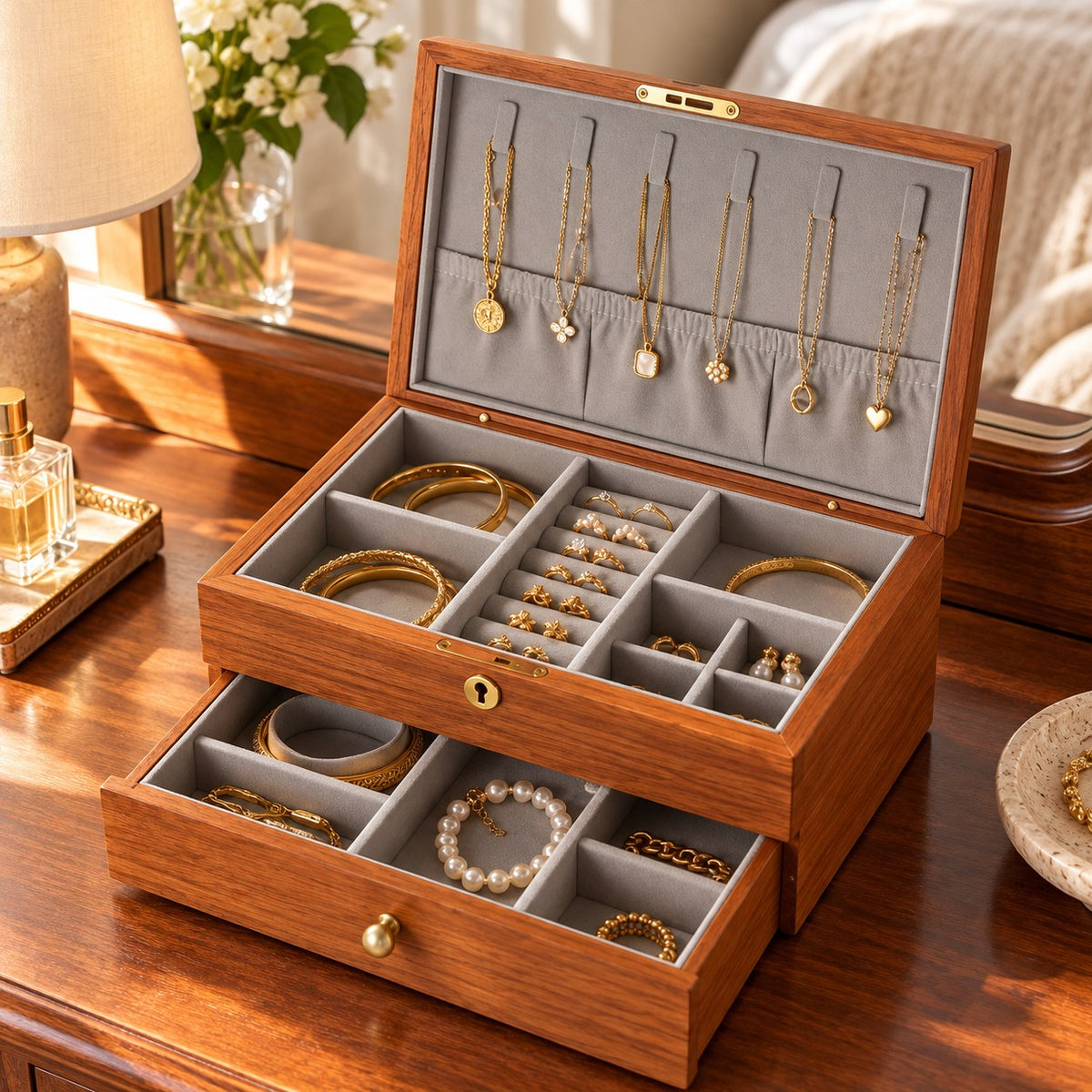 Clavis Lockable Jewellery Box in Burma Rosewood, on a dressing table #Wood_Burma Rosewood