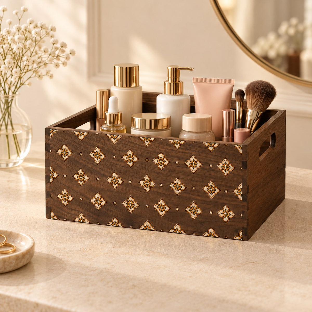 Cosmeta Wooden Vanity Organiser in Black Walnut / Medium, on a dressing table #Wood_Black Walnut|Size_Medium