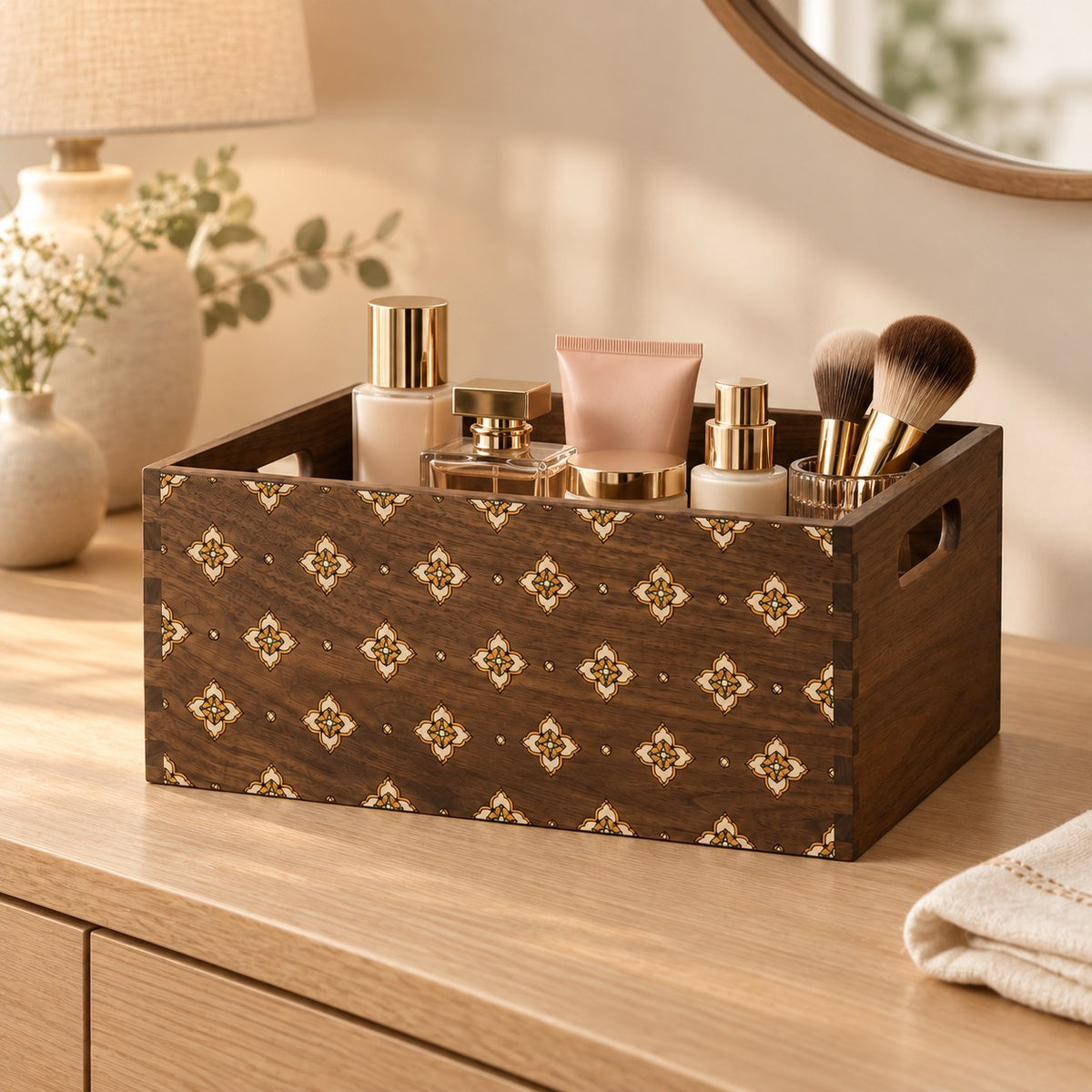 Cosmeta Wooden Vanity Organiser in Black Walnut / Medium, on a sideboard in natural light #Wood_Black Walnut|Size_Medium