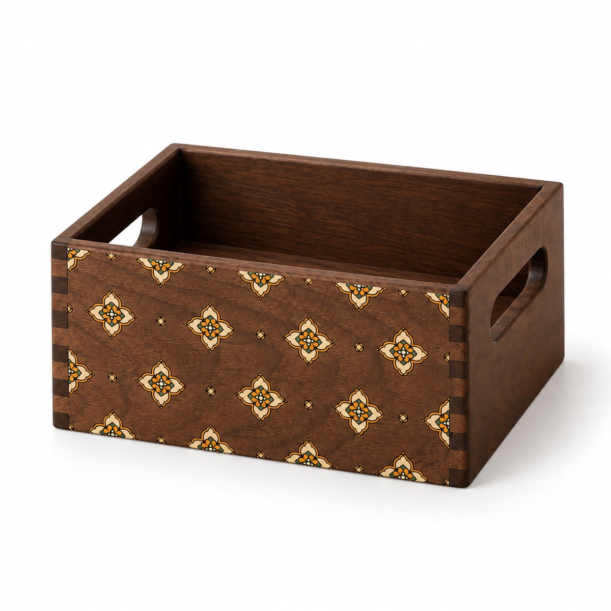Cosmeta Wooden Vanity Organiser in Black Walnut / Small, open with empty compartments, studio view on white #Wood_Black Walnut|Size_Small