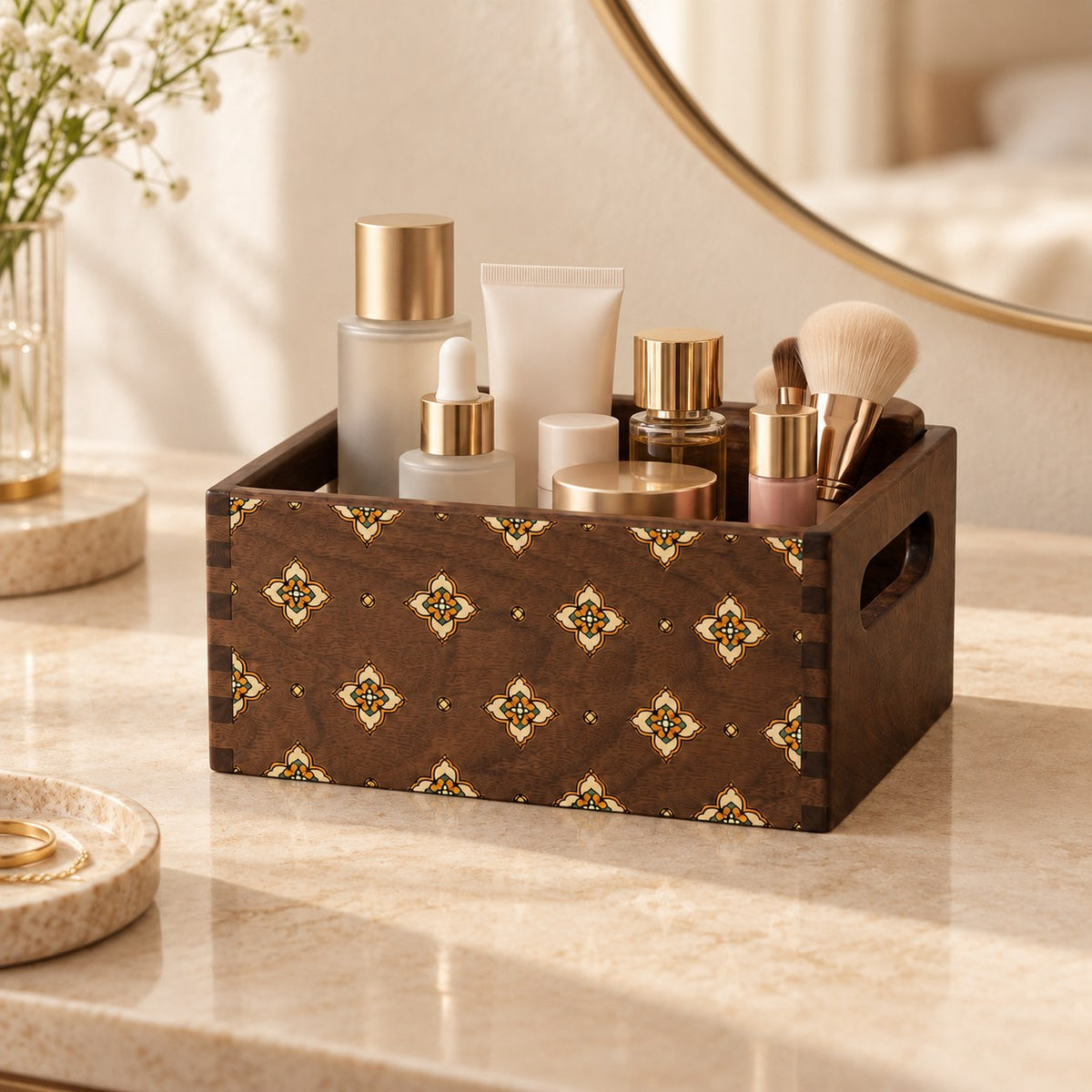 Cosmeta Wooden Vanity Organiser in Black Walnut / Small, on a dressing table #Wood_Black Walnut|Size_Small