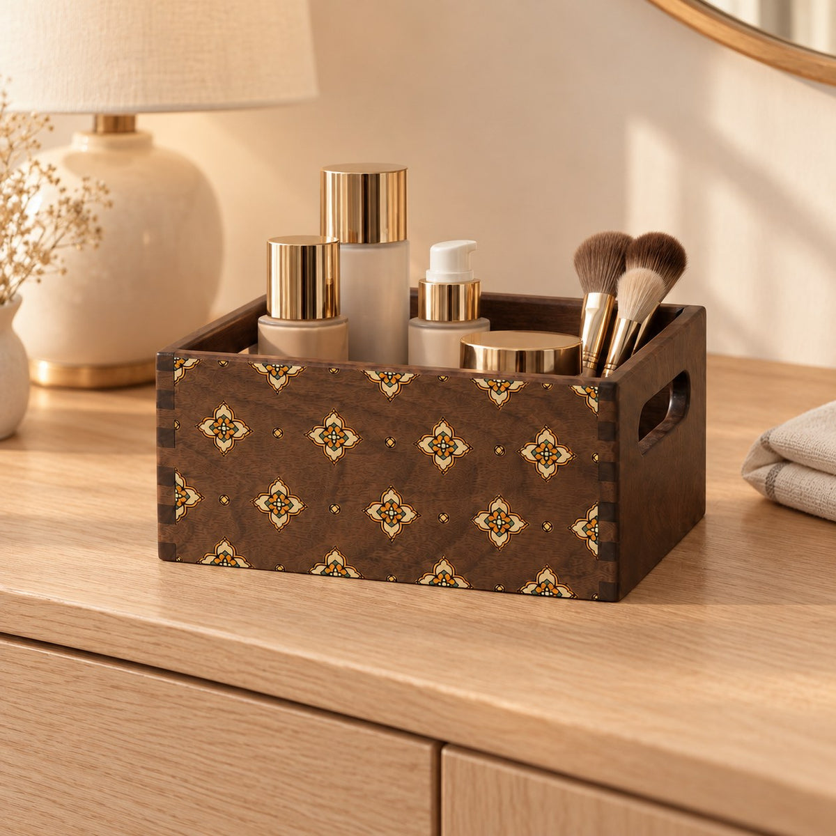 Cosmeta Wooden Vanity Organiser in Black Walnut / Small, on a sideboard in natural light #Wood_Black Walnut|Size_Small