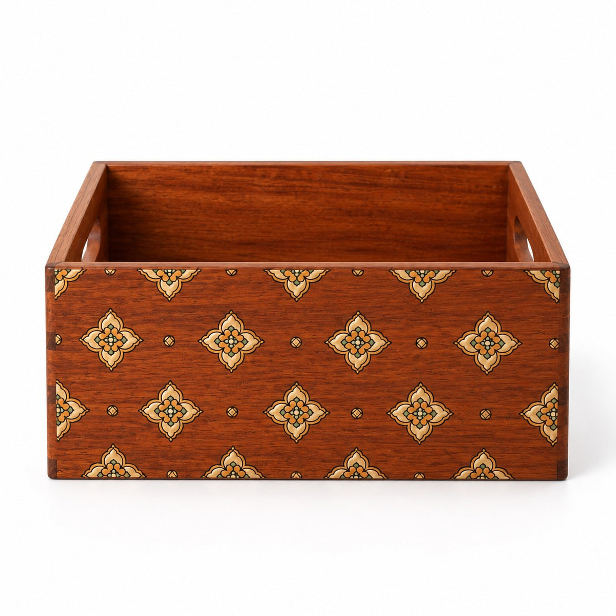 Cosmeta Wooden Vanity Organiser in Burmese Padauk / Small, closed, studio view on white #Wood_Burmese Padauk|Size_Small