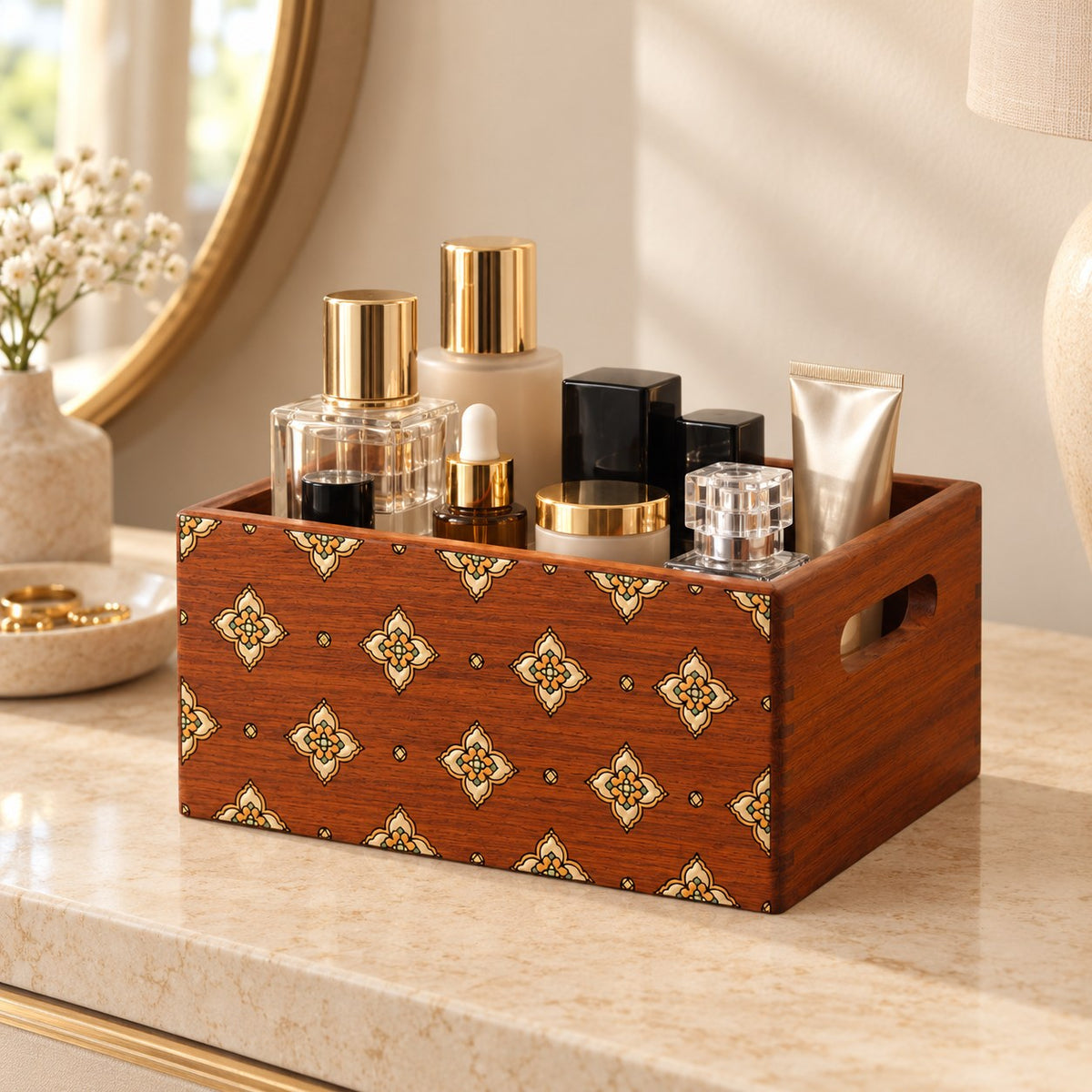 Cosmeta Wooden Vanity Organiser in Burmese Padauk / Small, on a dressing table #Wood_Burmese Padauk|Size_Small