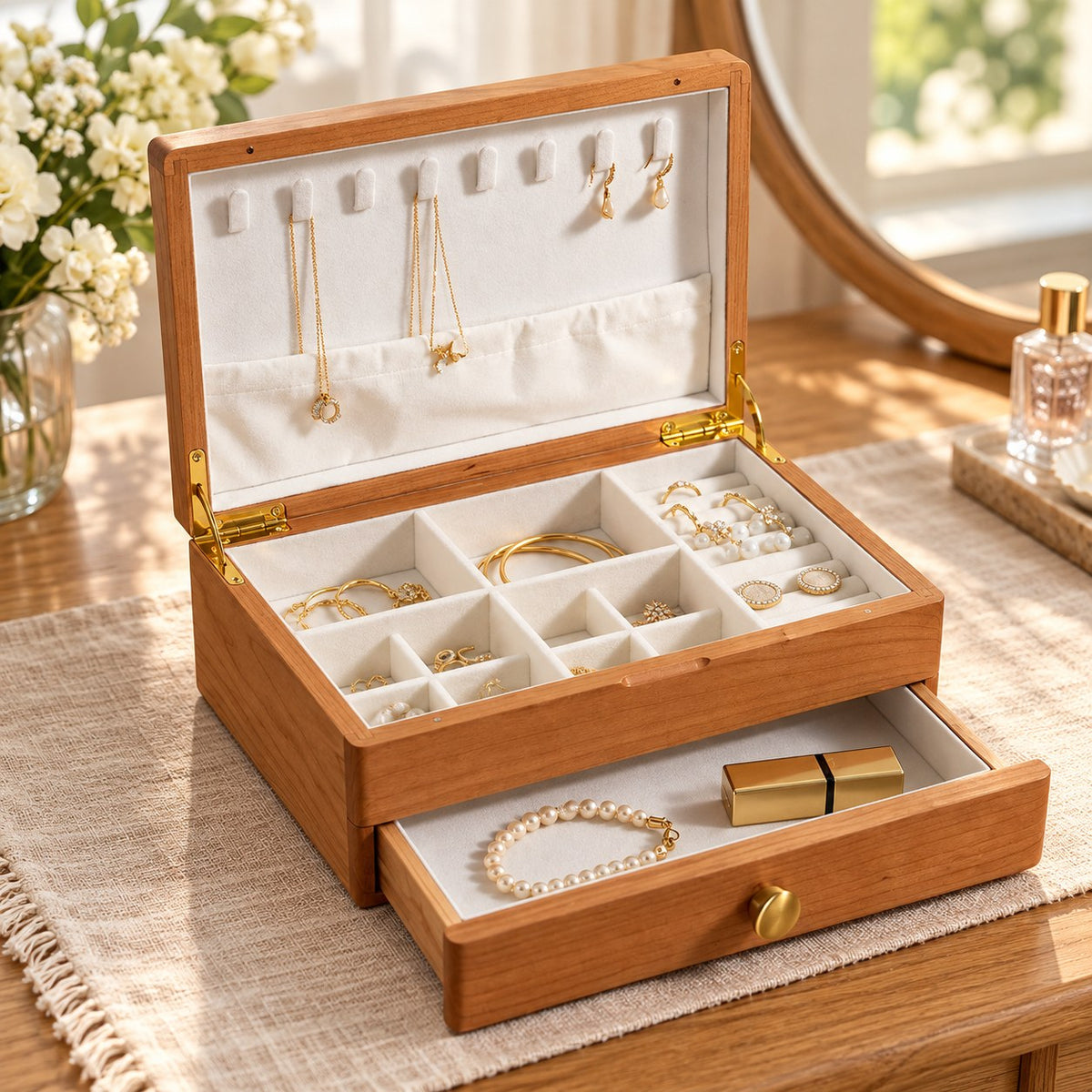 Cygna Two-Tier Jewellery Box in Cherry / Solid Wood Lid, on a dressing table #Wood_Cherry