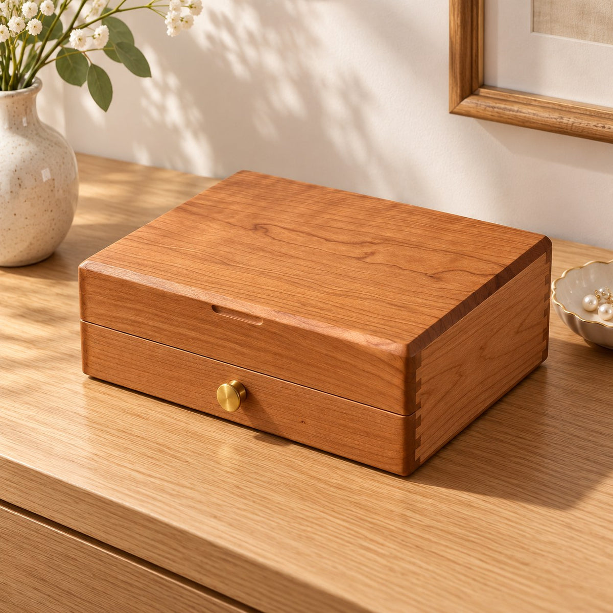 Cygna Two-Tier Jewellery Box in Cherry / Solid Wood Lid, on a sideboard in natural light #Wood_Cherry
