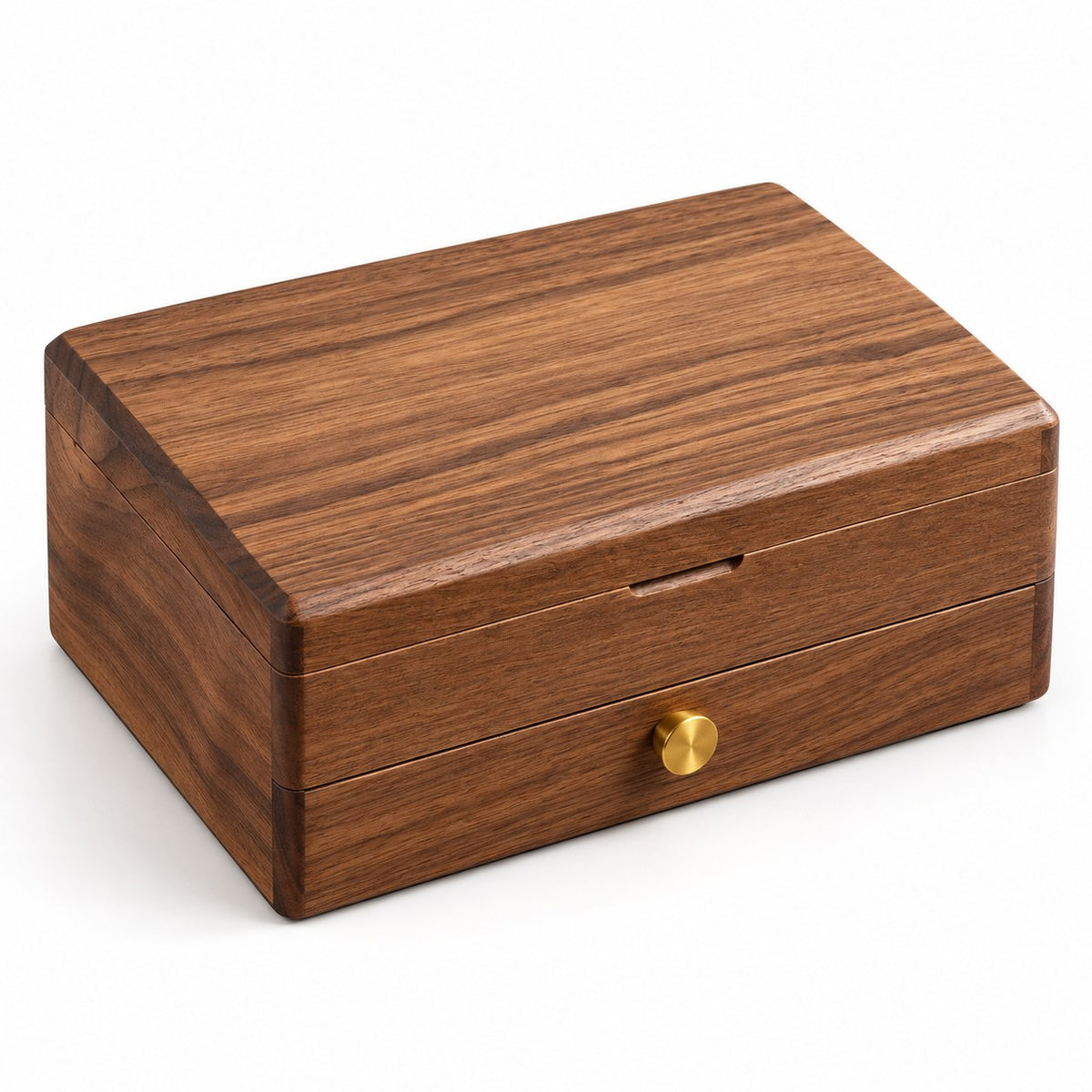 Cygna Two-Tier Jewellery Box in Walnut / Solid Wood Lid, closed, studio view on white #Wood_Walnut