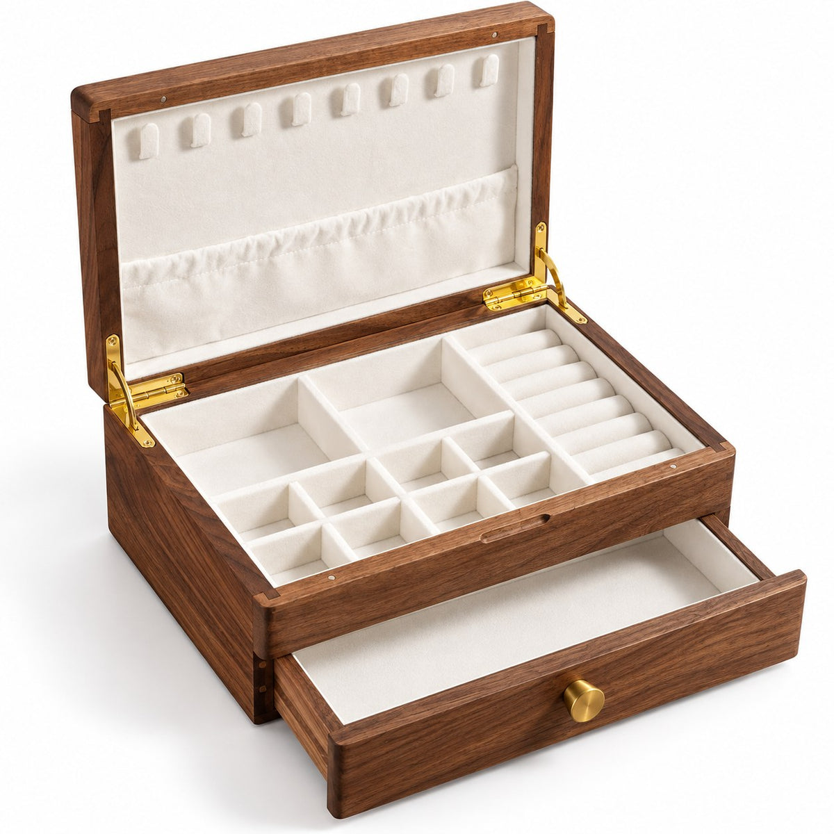 Cygna Two-Tier Jewellery Box in Walnut / Solid Wood Lid, open with empty compartments, studio view on white #Wood_Walnut