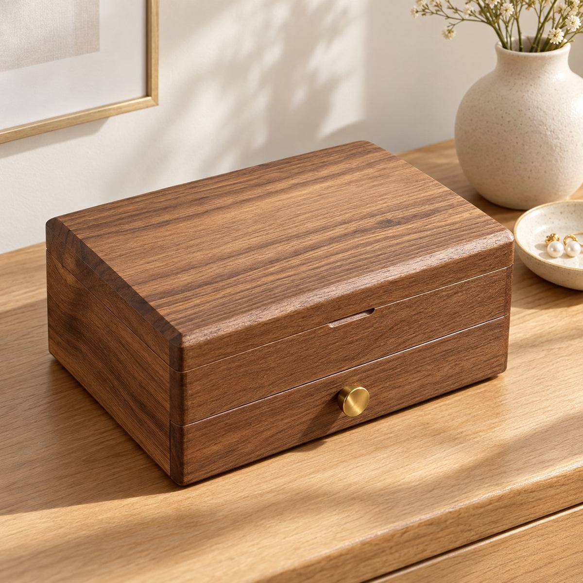 Cygna Two-Tier Jewellery Box in Walnut / Solid Wood Lid, on a sideboard in natural light #Wood_Walnut