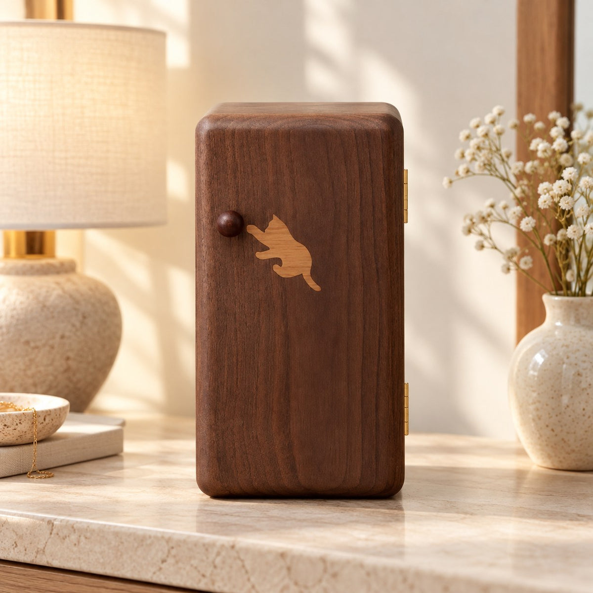 Felina Cat Jewellery Cabinet, on a sideboard in natural light