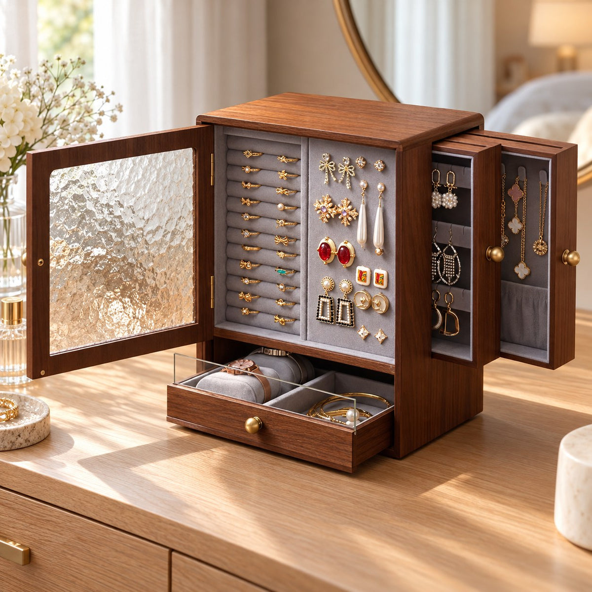 Fenestra Glass-Front Jewellery Cabinet in Walnut, on a sideboard in natural light