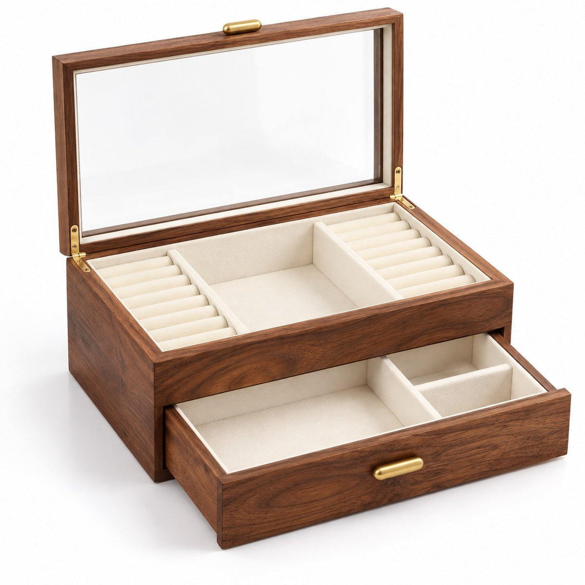 Gemina Two-Layer Jewellery Box in Glass Lid Style / Two Layers / Large, open with empty compartments, studio view on white #Style_Glass Lid Style|Layer_Two Layers|Size_Large