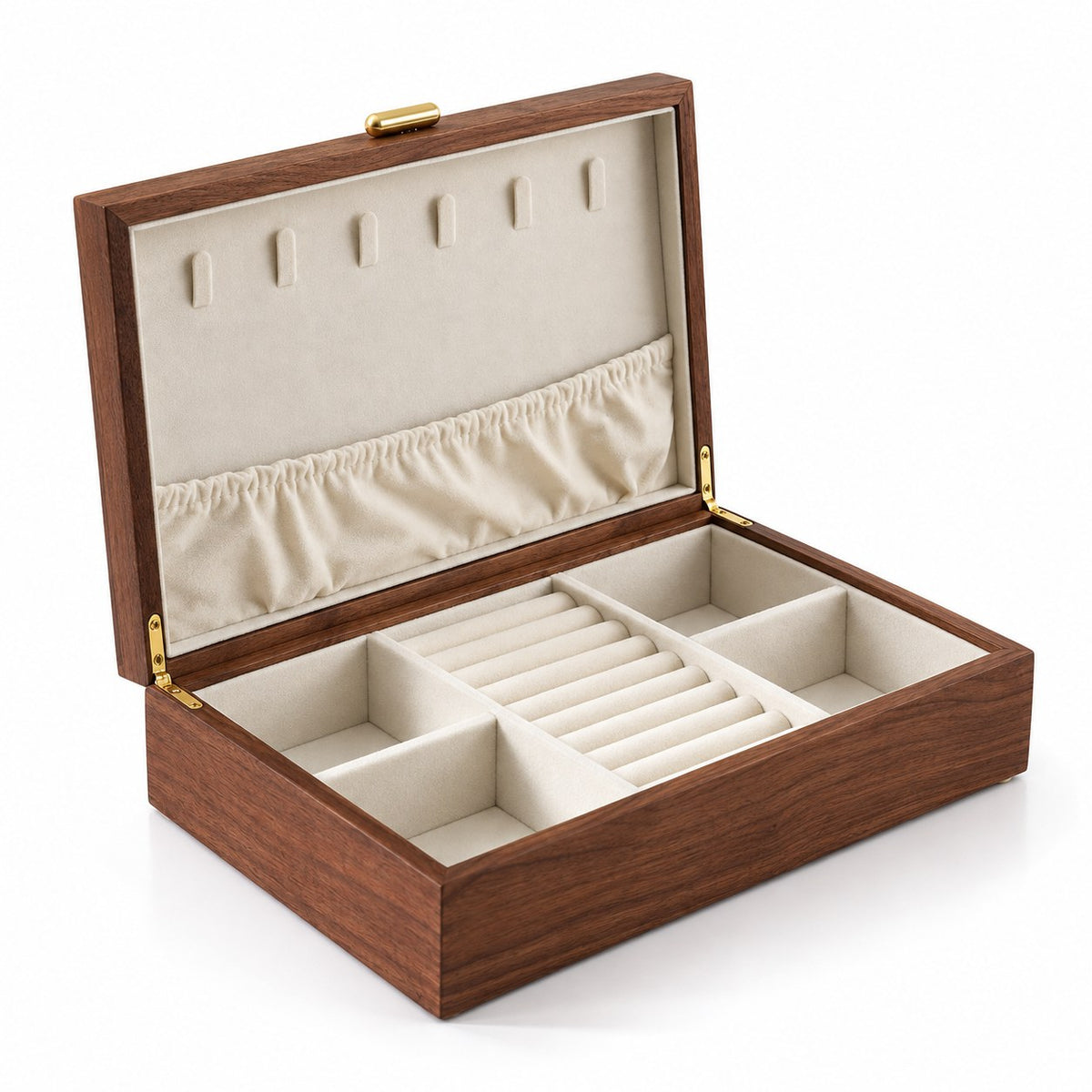 Gemina Two-Layer Jewellery Box in Wooden Lid Style / Single Layer / Large, open with empty compartments, studio view on white #Style_Wooden Lid Style|Layer_Single Layer|Size_Large