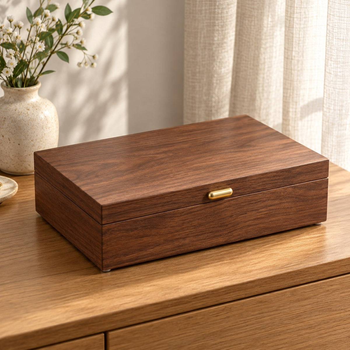 Gemina Two-Layer Jewellery Box in Wooden Lid Style / Single Layer / Large, on a sideboard in natural light #Style_Wooden Lid Style|Layer_Single Layer|Size_Large