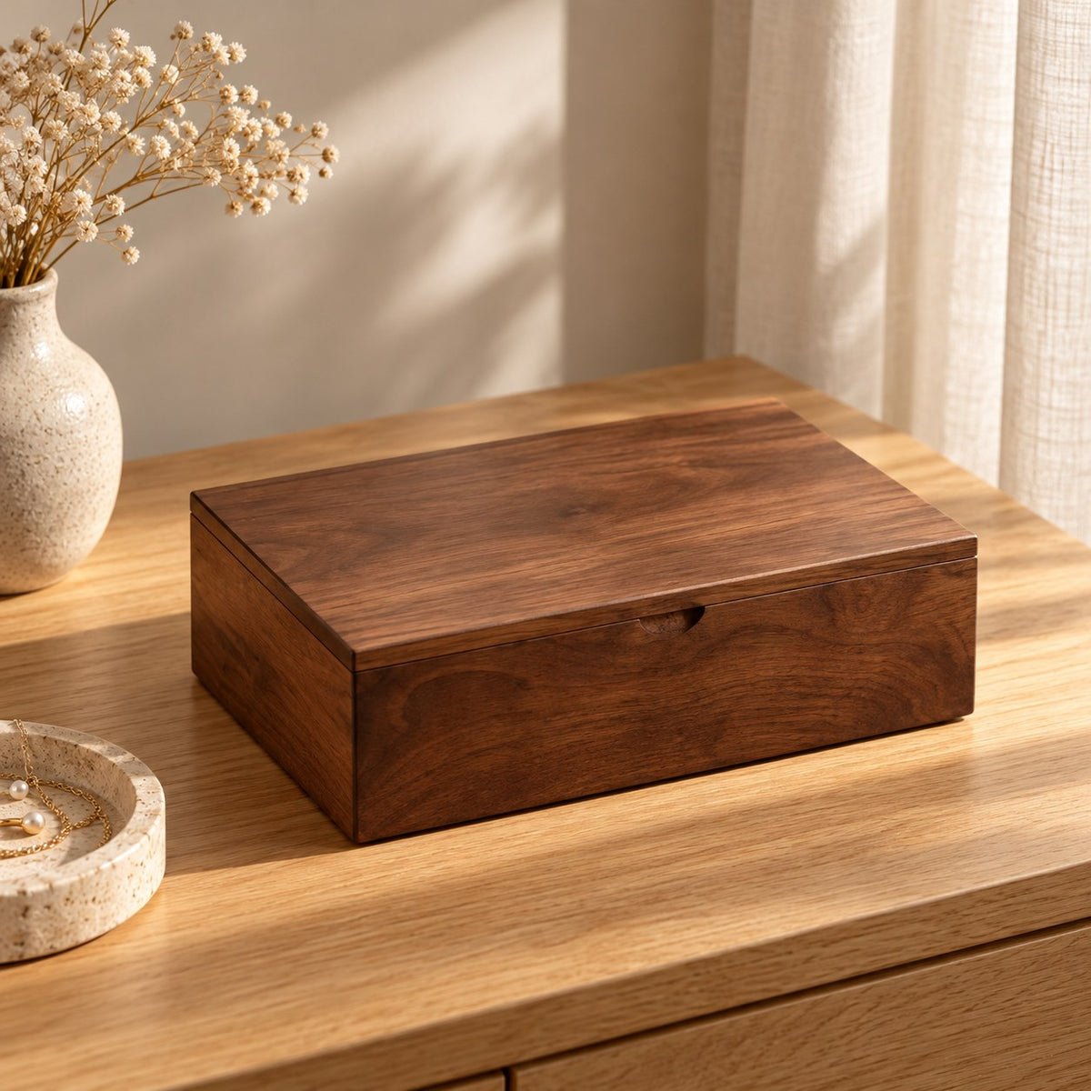 Gemina Two-Layer Jewellery Box in Wooden Lid Style / Single Layer / Small, on a sideboard in natural light #Style_Wooden Lid Style|Layer_Single Layer|Size_Small