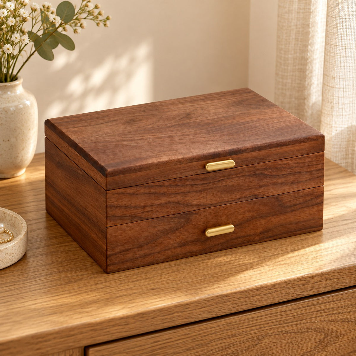 Gemina Two-Layer Jewellery Box in Wooden Lid Style / Two Layers / Large, on a sideboard in natural light #Style_Wooden Lid Style|Layer_Two Layers|Size_Large