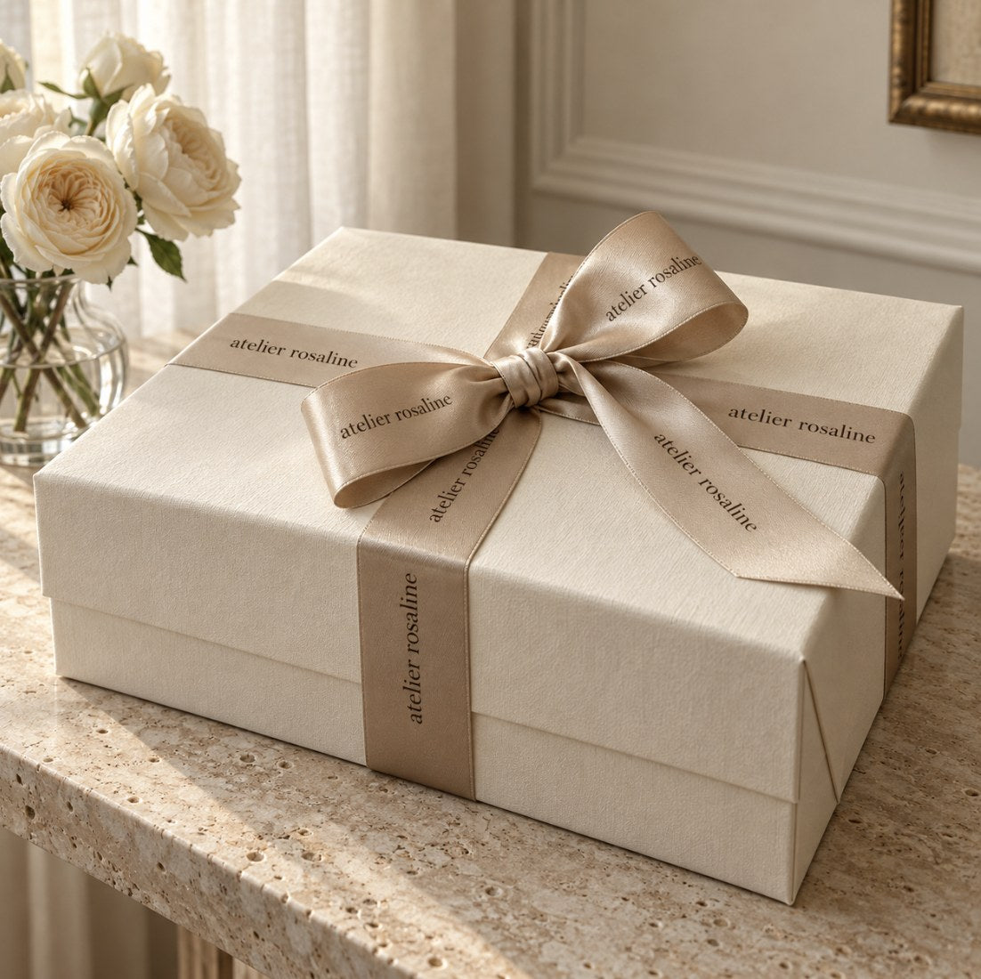 An Atelier Rosaline gift box tied with a ribbon