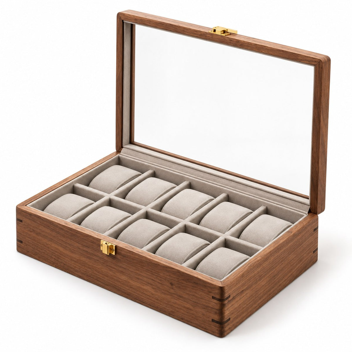 Horae Walnut Watch Box in 10-Slots / Firm Pillow, open with empty compartments, studio view on white #Style_10-Slots / Firm Pillow