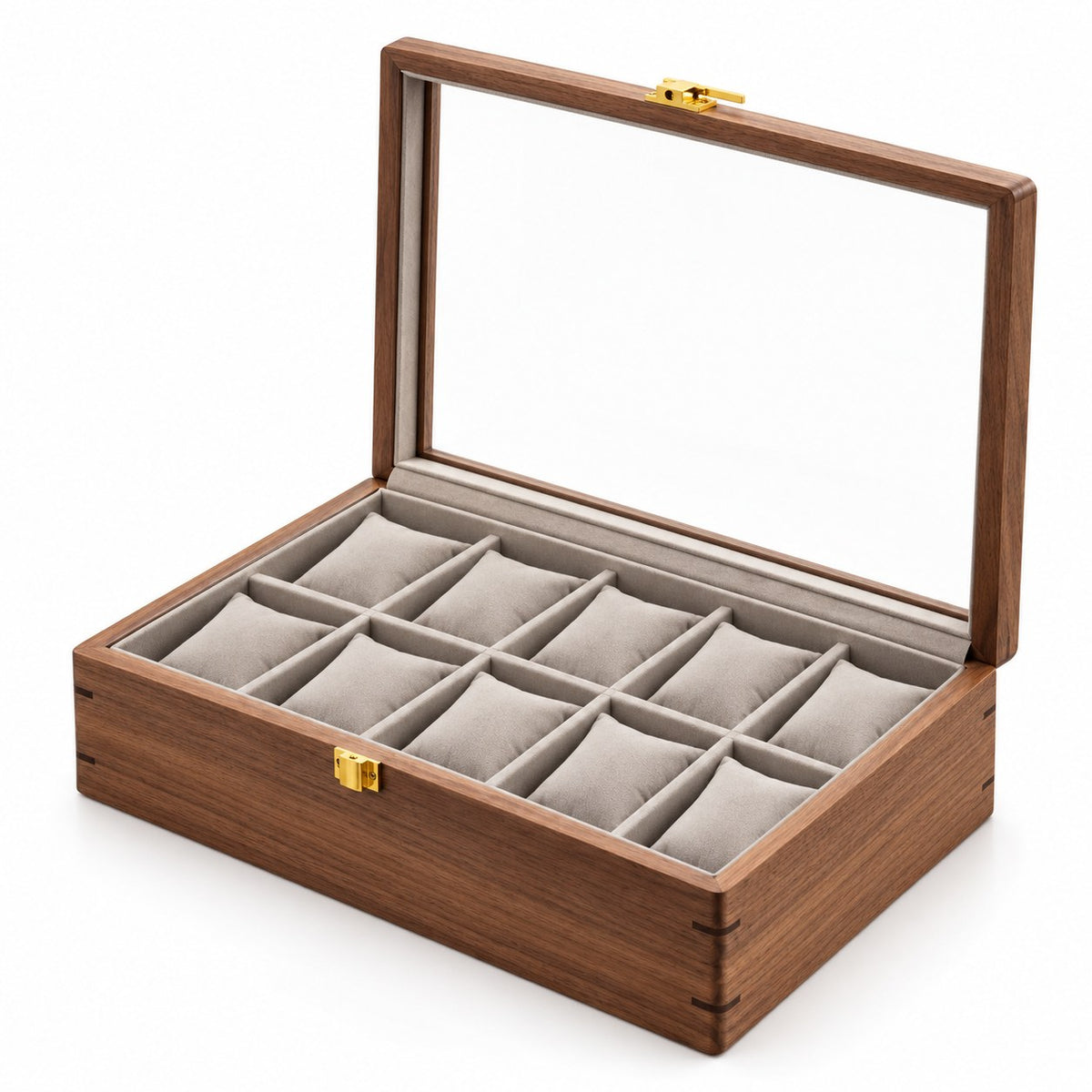 Horae Walnut Watch Box in 10-Slots / Soft Pillow, open with empty compartments, studio view on white #Style_10-Slots / Soft Pillow