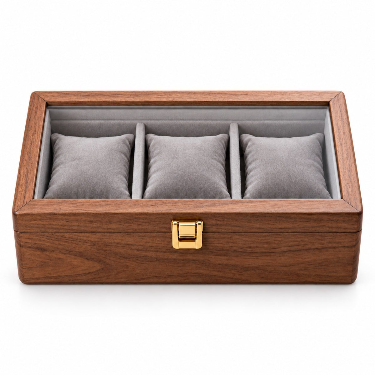Horae Walnut Watch Box in 3-Slots / Soft Pillow, closed, studio view on white #Style_3-Slots / Soft Pillow