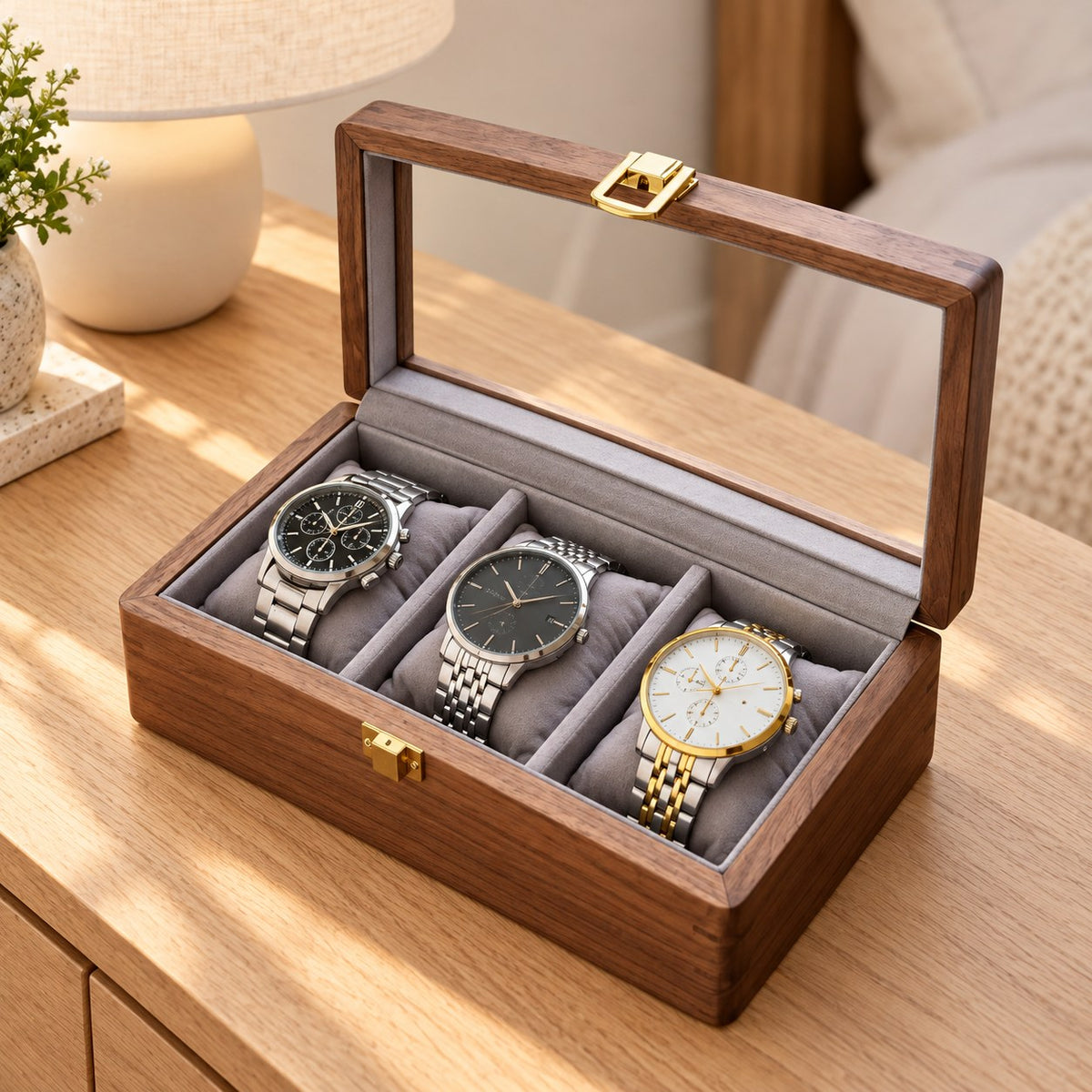 Horae Walnut Watch Box in 3-Slots / Soft Pillow, on a bedroom dresser #Style_3-Slots / Soft Pillow