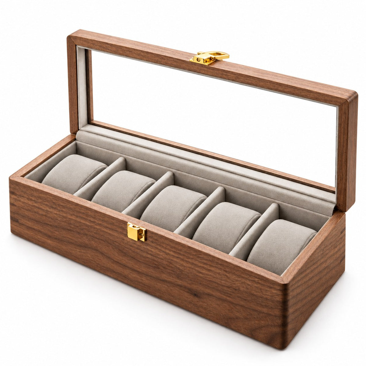 Horae Walnut Watch Box in 5-Slots / Firm Pillow, open with empty compartments, studio view on white #Style_5-Slots / Firm Pillow