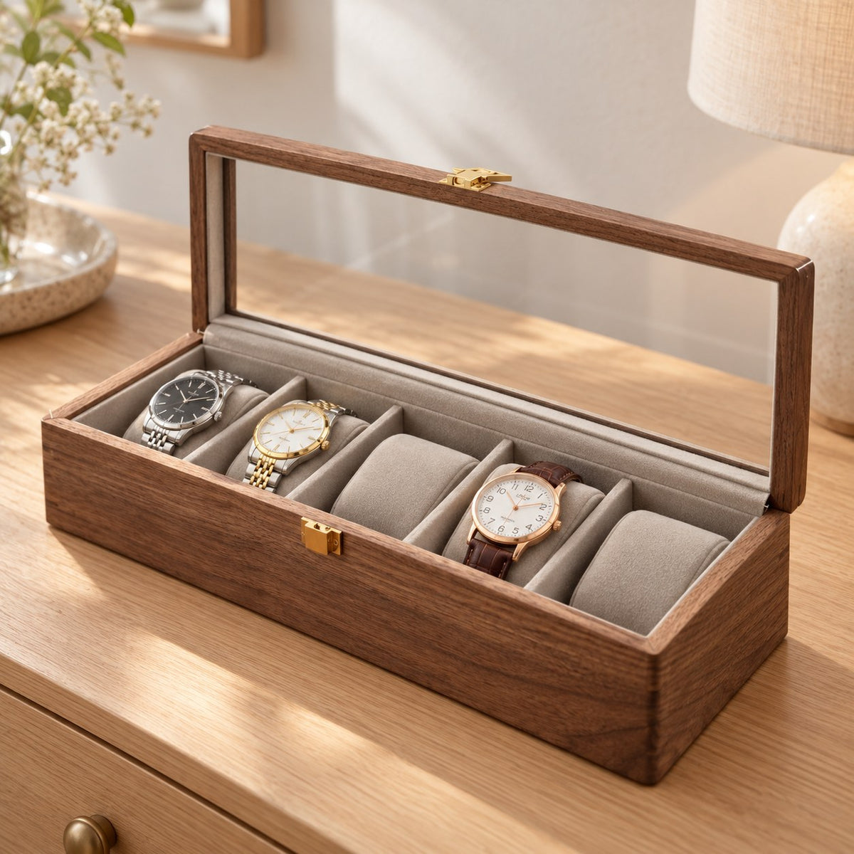 Horae Walnut Watch Box in 5-Slots / Firm Pillow, on a bedroom dresser #Style_5-Slots / Firm Pillow