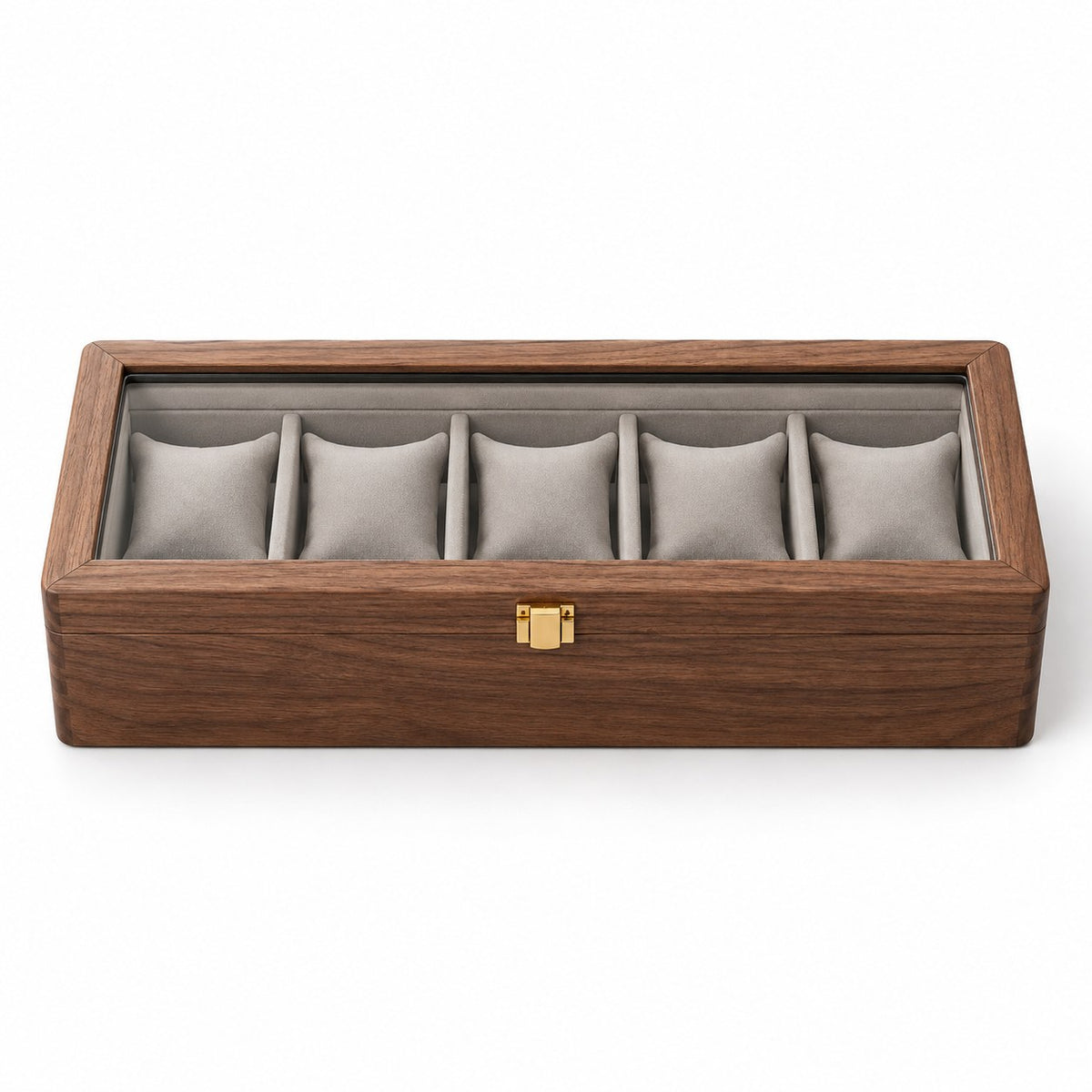 Horae Walnut Watch Box in 5-Slots / Soft Pillow, closed, studio view on white #Style_5-Slots / Soft Pillow