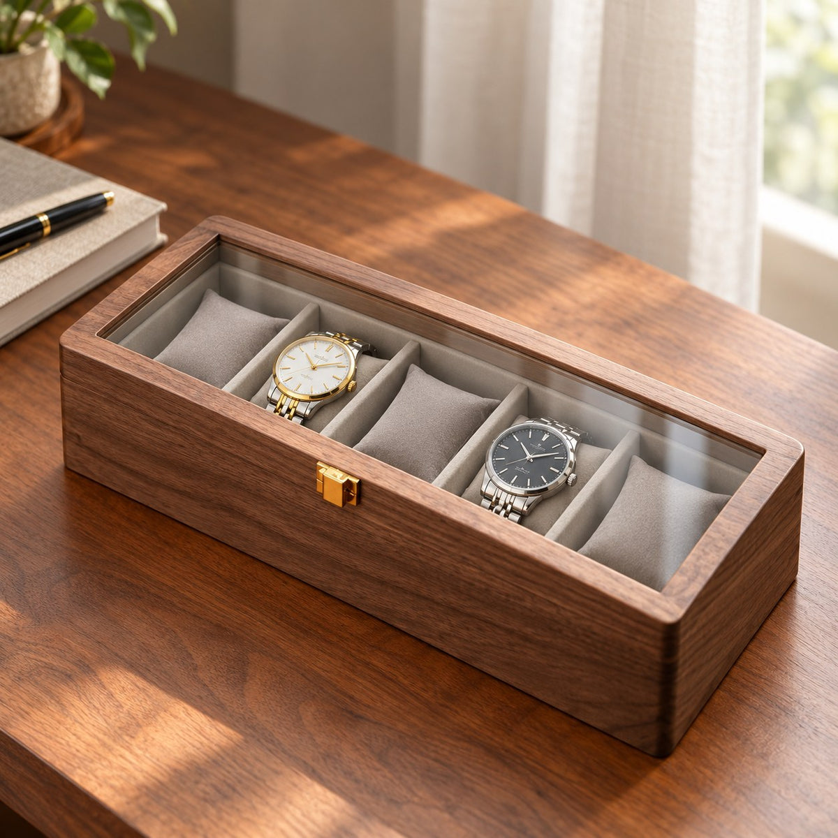 Horae Walnut Watch Box in 5-Slots / Soft Pillow, on a desk #Style_5-Slots / Soft Pillow