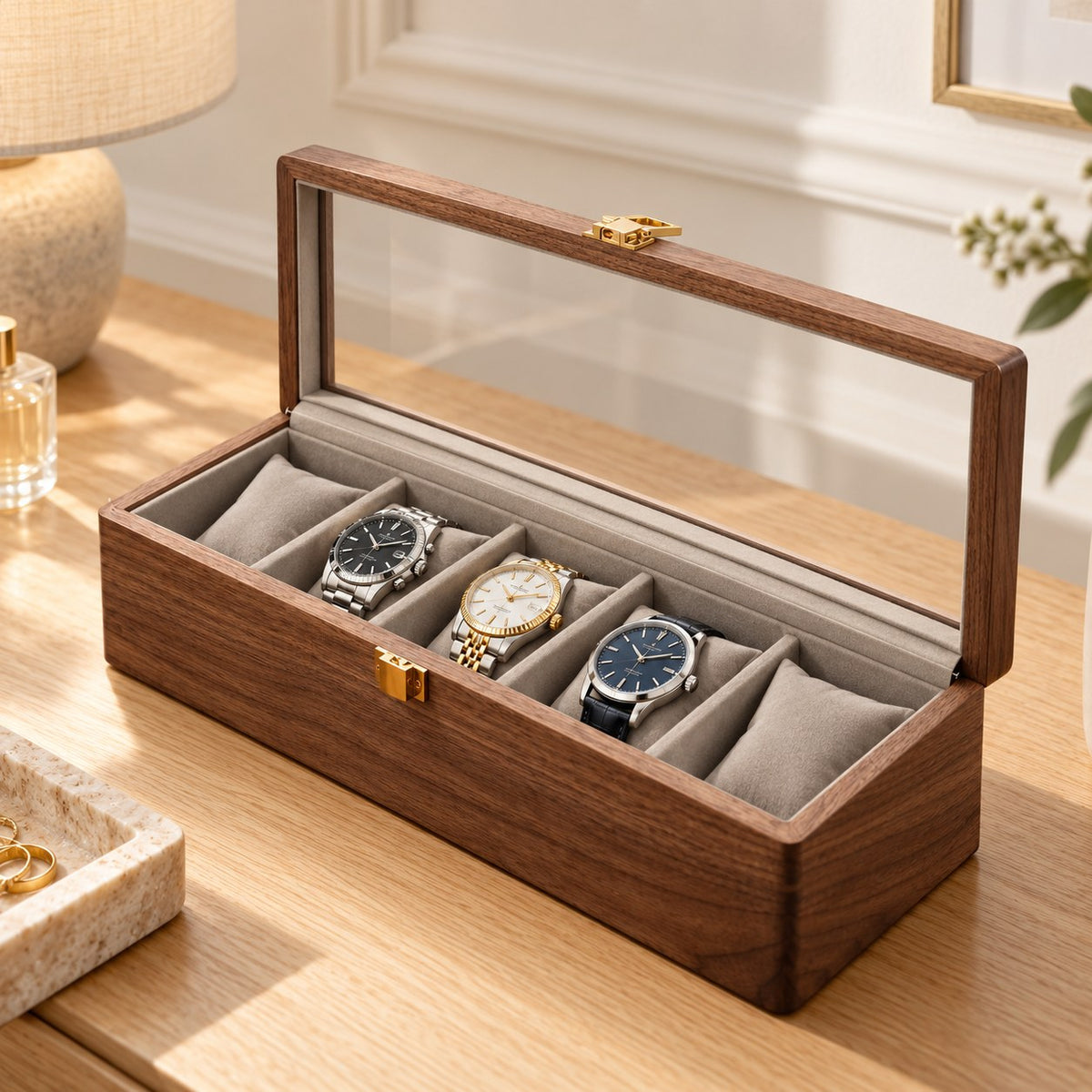 Horae Walnut Watch Box in 5-Slots / Soft Pillow, on a bedroom dresser #Style_5-Slots / Soft Pillow