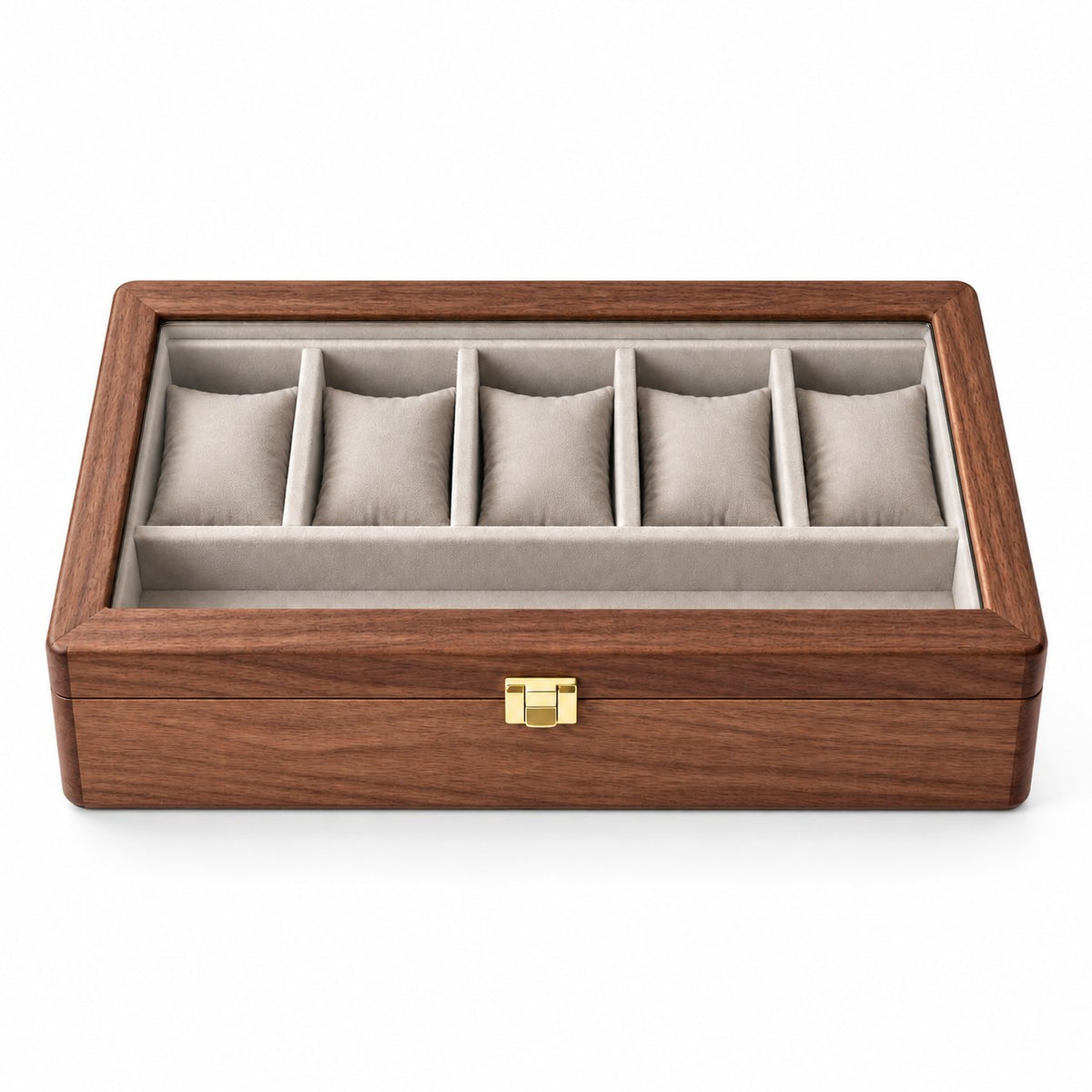 Horae Walnut Watch Box in 7-Slots / Soft Pillow, closed, studio view on white #Style_7-Slots / Soft Pillow