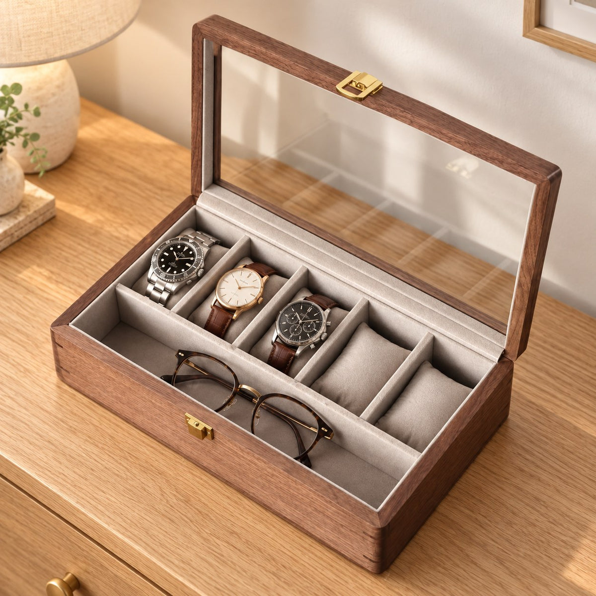 Horae Walnut Watch Box in 7-Slots / Soft Pillow, on a bedroom dresser #Style_7-Slots / Soft Pillow