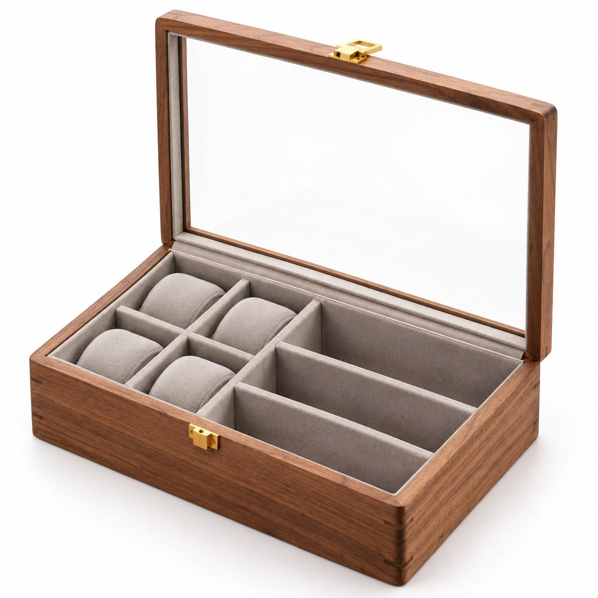 Horae Walnut Watch Box in With Glasses / Firm Pillow, open with empty compartments, studio view on white #Style_With Glasses / Firm Pillow
