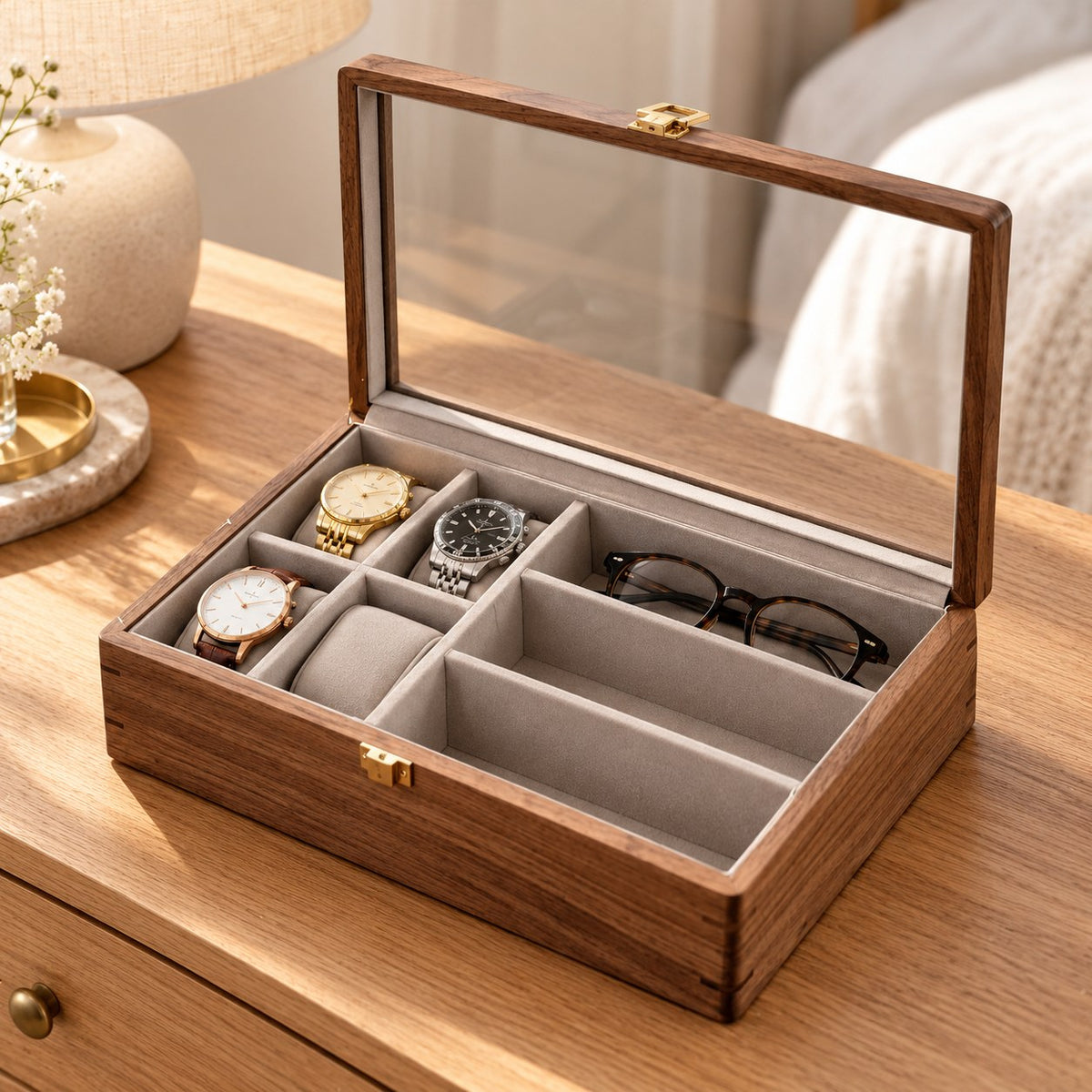 Horae Walnut Watch Box in With Glasses / Firm Pillow, on a bedroom dresser #Style_With Glasses / Firm Pillow