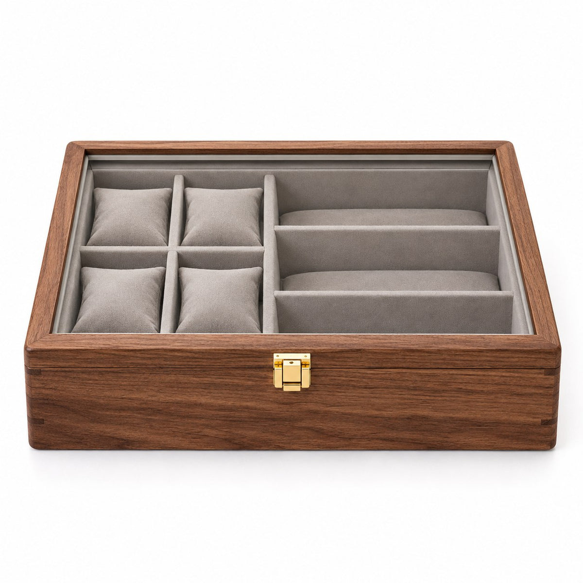 Horae Walnut Watch Box in With Glasses / Soft Pillow, closed, studio view on white #Style_With Glasses / Soft Pillow