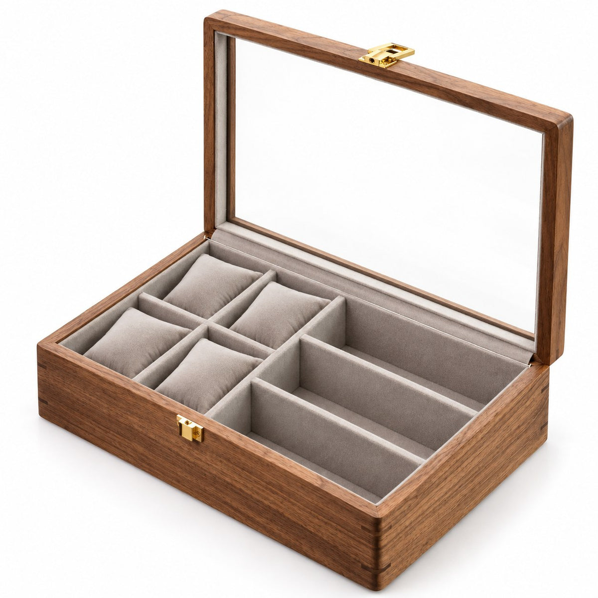 Horae Walnut Watch Box in With Glasses / Soft Pillow, open with empty compartments, studio view on white #Style_With Glasses / Soft Pillow
