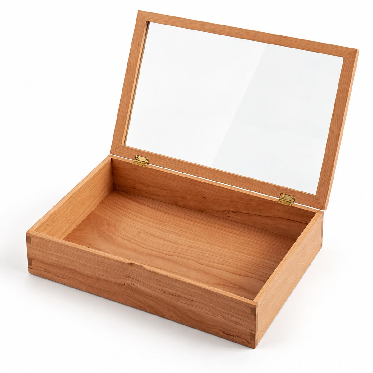 Hyalina Glass Jewellery Box in Cherry / Extra Large, open with empty compartments, studio view on white #Wood_Cherry|Size_Extra Large